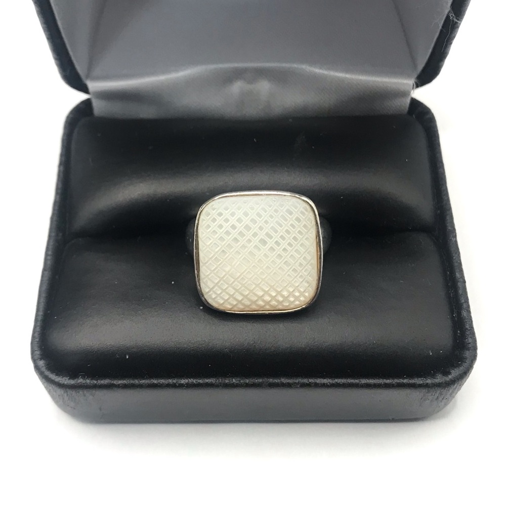 925 Sterling Silver Patterned Mother Of Pearl Square Solitaire Ring Size 5.5
